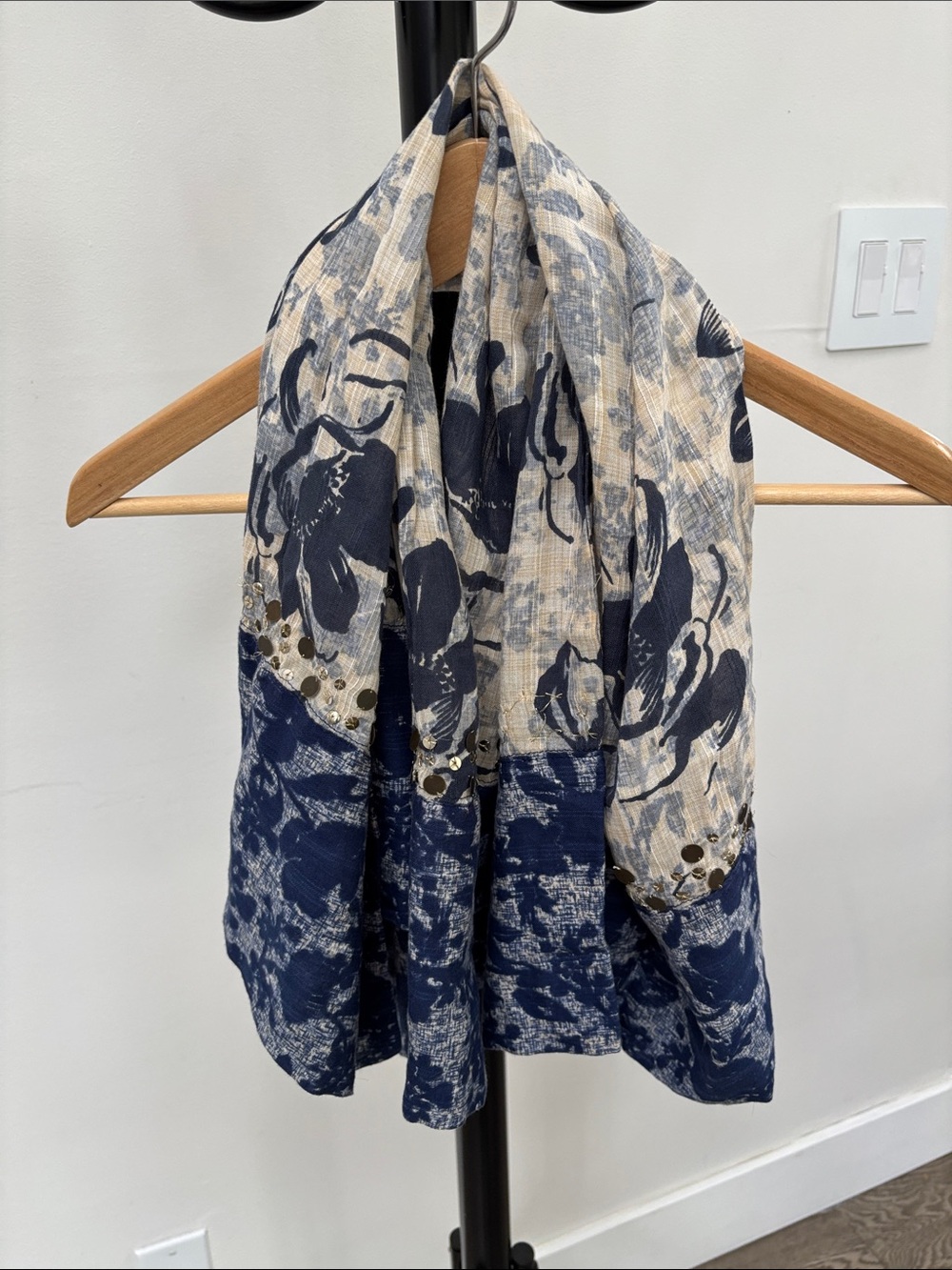 Abercrombie & Fitch Navy and Cream Floral Scarf with Sequin Accent